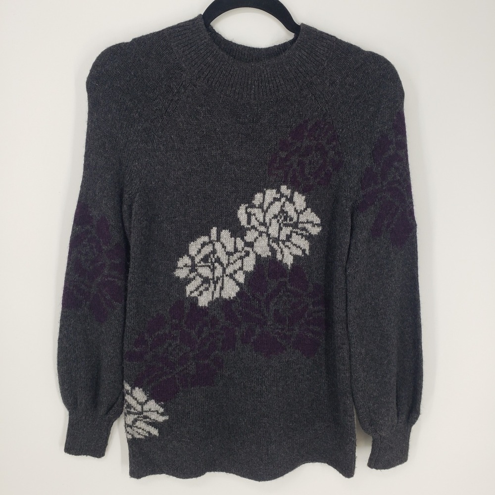 LOFT Floral Intarsia Knit Sweater Womens S Gray Purple Crew Neck Balloon Sleeve